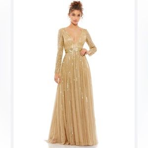 Mac Duggal SEQUINED V NECK ILLUSION SLEEVE A LINE GOWN